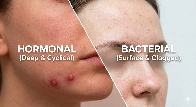 Hormonal Acne vs. Bacterial Acne: Identifying Your Root Cause for Clearer SkinYou’ve tried every face wash, spot treatment, and viral skincare hack, but the breakout keeps coming back in the exact same spot. It’s exhausting. It feels like your skin is fighting against you, no matter how clean your routine is.The problem likely isn't your product—it’s your diagnosis.Most people treat all acne the same, blasting their skin with drying agents that only work on surface bacteria. But if your breakout is driven by internal chemistry, no amount of face wash will fix it. To clear your skin, you must first distinguish between Hormonal Acne (internal) and Bacterial Acne (external).This guide breaks down the differences, maps your symptoms, and helps you match the cure to the cause.The Core Differences: Hormonal vs. Bacterial Acne at a GlanceBefore we analyze your specific symptoms, look at the big picture. Hormonal acne is systemic; it’s a body-wide signal. Bacterial acne is often localized and environmental.Here is the quickest way to tell them apart:FeatureHormonal AcneBacterial AcnePrimary LocationLower face, Jawline, Chin, NeckT-Zone, Forehead, Nose, CheeksAppearanceDeep, painful cysts; red nodules; no "head"Whiteheads, blackheads, small red bumpsPrimary TriggerInternal: Androgen spikes, Stress, MenstruationExternal: Clogged pores, Sweat, Dirt, BacteriaBest TreatmentInternal regulators (Spironolactone, Diet)Topical antibacterials (Benzoyl Peroxide, Acids)Note: While these are distinct types, they often overlap. Hormones can increase oil production, which then feeds bacteria. We call this the "Cycle of Convergence," which we will discuss later.[Insert Image: Infographic A - Venn Diagram comparing Internal vs. External triggers]The Face Map: Decoding Your Breakout LocationYour skin is a map. The location of your breakout is often the strongest indicator of its root cause.[Insert Image: Split Screen Face - Left side showing deep jawline cysts, Right side showing forehead whiteheads]The "Beard of Acne" (Jawline & Chin)If your breakouts are concentrated along the jawline, chin, and upper neck—forming a "beard" pattern—this is the classic signature of hormonal acne.The lower face has a high concentration of androgen receptors. When your hormones fluctuate (due to menstruation, stress, or conditions like PCOS), these receptors trigger your oil glands to go into overdrive. This produces deep, inflamed cysts that feel like hard knots under the skin.The T-Zone (The Bacterial Belt)Breakouts on the forehead and nose are typically bacterial or fungal. This area, known as the T-Zone, naturally produces more sweat and oil.However, the cause here is usually external blocking. Think about what touches your forehead:Sweat from workouts.Hair products (conditioners or styling creams).Hats or headbands.When Cutibacterium acnes (the bacteria responsible for acne) gets trapped with sweat and dead skin cells in these pores, you get whiteheads and blackheads.Why am I breaking out on only one side?If you have acne strictly on the left or right cheek, it is almost certainly Acne Mechanica (mechanical friction), which falls under the bacterial umbrella.Common culprits include:Dirty pillowcases: If you sleep on your side, your face presses against fabric accumulating oils and bacteria for 8 hours a night.Smartphones: Holding a phone against your cheek transfers screen bacteria directly to your pores.Hand resting: Leaning your chin or cheek on your hand while working.Symptom Checker: Deep Cysts vs. Surface WhiteheadsLocation matters, but the type of pimple tells the rest of the story.[Insert Image: Interactive Element - "The Acne Decoder Quiz" widget placeholder]The Timing TestHormonal: Is it cyclical? If you notice a flare-up 7–10 days before your period (the Luteal phase), it’s hormonal. This is when progesterone rises and testosterone becomes relatively dominant, spiking sebum production.Bacterial: Is it random? Bacterial breakouts happen whenever a pore gets clogged. If you slept in your makeup or wore a sweaty hat yesterday, and wake up with a pimple today, that is bacterial.The "Squeeze Test" (And Why You Shouldn't Do It)We know you want to pop it. But pause and observe.Hormonal cysts have no "head." They are deep inflammation. If you try to squeeze them, nothing comes out, but they swell and become more painful. You are pushing the infection deeper into the dermis, which causes scarring.Bacterial pimples (pustules) usually have a white or yellow center on the surface. They are superficial infections of the follicle.The "Cycle of Convergence": Can You Have Both?Yes. In fact, most chronic acne sufferers deal with a mix.While we separate them for diagnosis, hormonal fluctuations feed bacterial acne.Here is the biological chain reaction:Hormones: Androgens spike (due to stress or cycle).Oil: Your sebaceous glands produce excess, sticky sebum.Bacteria: C. acnes bacteria, which lives on everyone's skin, feeds on this sebum.Inflammation: The bacteria multiply rapidly, causing the pore to become inflamed and blocked.If you only treat the bacteria (Benzoyl Peroxide), you aren't stopping the oil source. If you only treat the hormones, you might still have existing bacterial overgrowth.Treatment Protocols: Matching the Cure to the CauseOnce you know the source, you can choose the right weapon.[Insert Image: Infographic B - Decision Tree "If acne is X, use Ingredient Y"]Treating Hormonal Acne (Internal Strategy)Topical creams often fail here because the problem is in your bloodstream, not just your pores.Oral Regulators: Dermatologists often prescribe Spironolactone (blocks androgen receptors) or specific birth control pills.Dietary Shifts: Insulin spikes trigger similar hormonal responses. reducing high-glycemic foods (sugar, white bread) and dairy can lower inflammation.Stress Management: Cortisol (the stress hormone) acts like an androgen. Lowering stress is literally skincare.Treating Bacterial Acne (External Strategy)Your goal is to keep the pore clean and the environment hostile to bacteria.Benzoyl Peroxide: The gold standard. It introduces oxygen into the pore, which kills anaerobic bacteria.Salicylic Acid (BHA): Dissolves the "glue" holding dead skin cells together, preventing the clog in the first place.Hygiene: Change pillowcases weekly, wipe down your phone, and wash your face immediately after sweating.Frequently Asked QuestionsWhat is the main difference between hormonal and bacterial acne?Hormonal acne appears as deep cysts on the jawline, while bacterial acne is surface-level whiteheads in the T-zone.Hormonal breakouts are driven by internal androgen spikes, whereas bacterial acne is caused by external factors like sweat, dirt, and clogged pores trapping bacteria.How do I know if my acne is hormonal or fungal?Fungal acne itches intensely and appears as uniform clusters of small red bumps.Unlike hormonal cysts (large/painful) or bacterial zits (varied sizes), fungal acne is actually an infection of the hair follicle by yeast (Malassezia). If standard acne treatments make it worse, it’s likely fungal.Can bacterial acne turn into hormonal acne?No, but hormonal changes can worsen bacterial acne.They have different root causes. However, hormonal spikes increase oil production. Since bacteria eat oil, hormonal issues create the perfect breeding ground for bacterial acne to thrive.What is the best treatment for hormonal acne?Treatments that regulate internal hormone production are most effective.Topical creams struggle to penetrate deep cysts. Options include Spironolactone, oral contraceptives, and dietary changes (low sugar/dairy) to control insulin and androgen levels.Why am I getting acne only on one side of my face?This is likely "Acne Mechanica" caused by physical contact.Common triggers include sleeping on a dirty pillowcase, pressing a smartphone against your cheek, or frequently resting your chin in your hand.