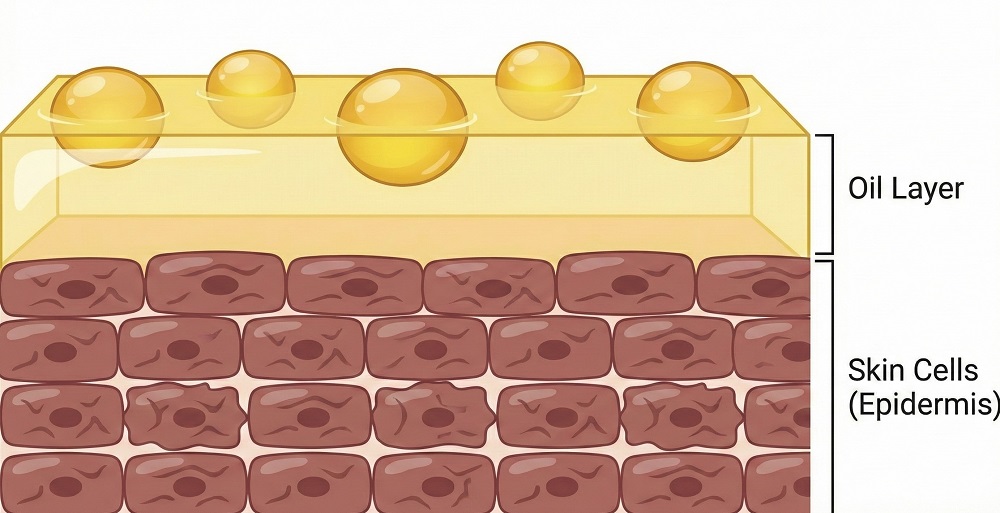 Best Hydrating Face Masks Cross-section of skin showing oil sitting on top of shriveled, dehydrated cells