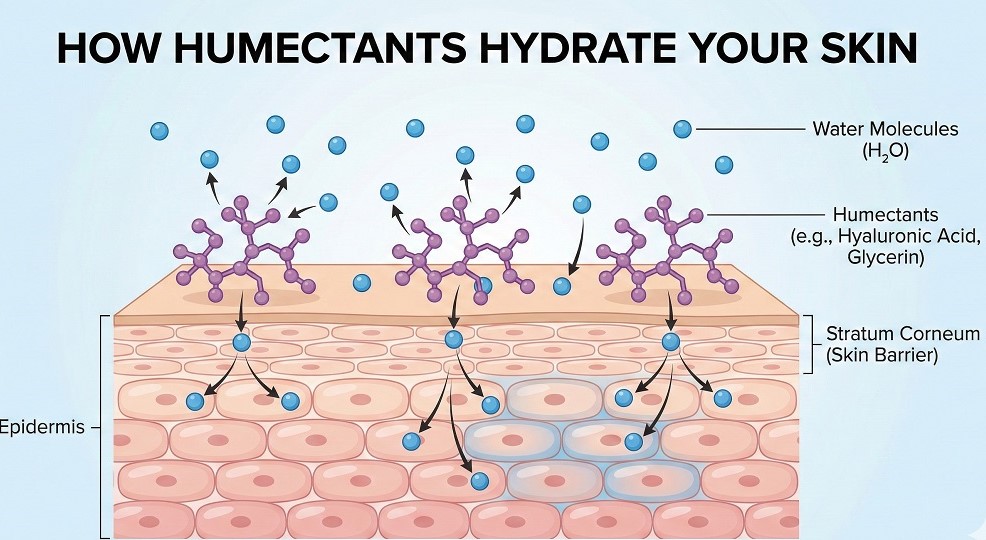 Best Hydrating Face Masks Diagram showing Humectant molecules pulling water from the air into skin cells