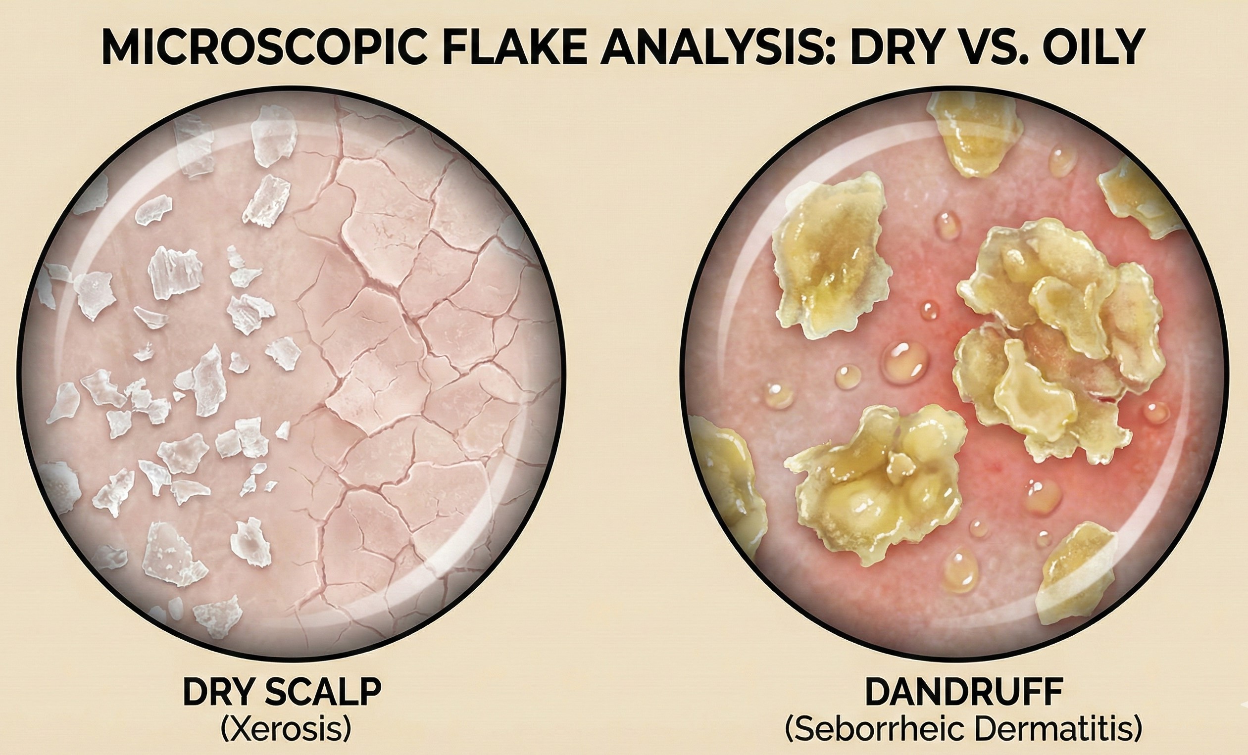 Diagram showing microscopic difference between dry white flakes and oily yellow flakes