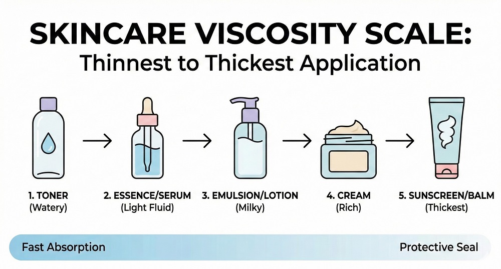 "Viscosity Scale" showing water-based toners -> thick creams. Alt Text: Skincare application order from thinnest to thickest texture