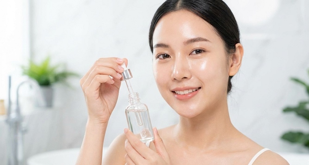 Model with glowing glass skin holding an essence bottle. Alt Text: Woman with glowing glass skin following a 10-step Korean skincare routine